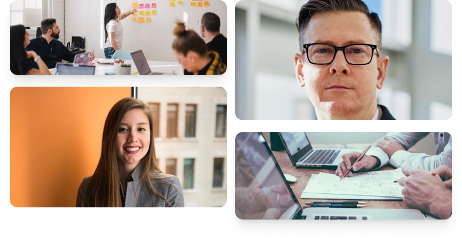 Collage met zakelijke vergaderingen, professionele consultants en samenwerkingsplanningssessies, die advies- en consultatiediensten vertegenwoordigt.