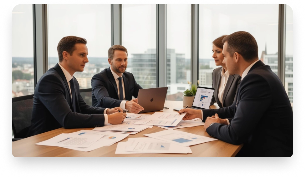 Professioneel zakenteam dat financiële rapporten, bedrijfsstrategie en projectplanning bespreekt tijdens een vergadering in een moderne kantoorconferentieruimte.